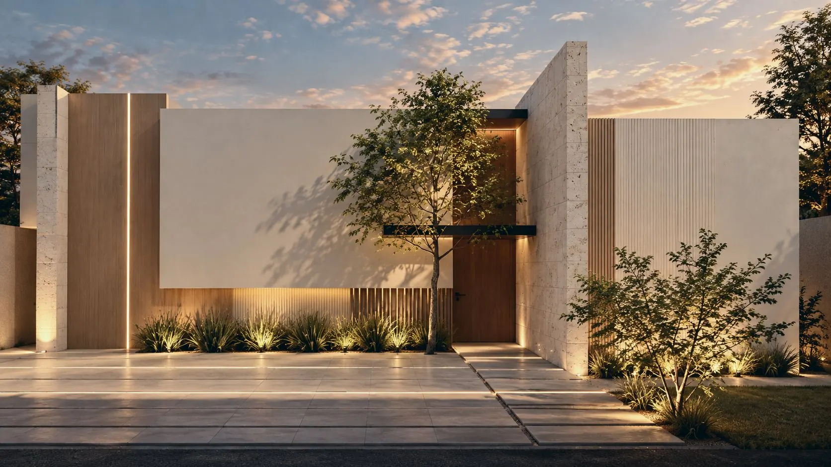 Fachada de Casa Monarca al atardecer, con muros claros, madera y luces encendidas